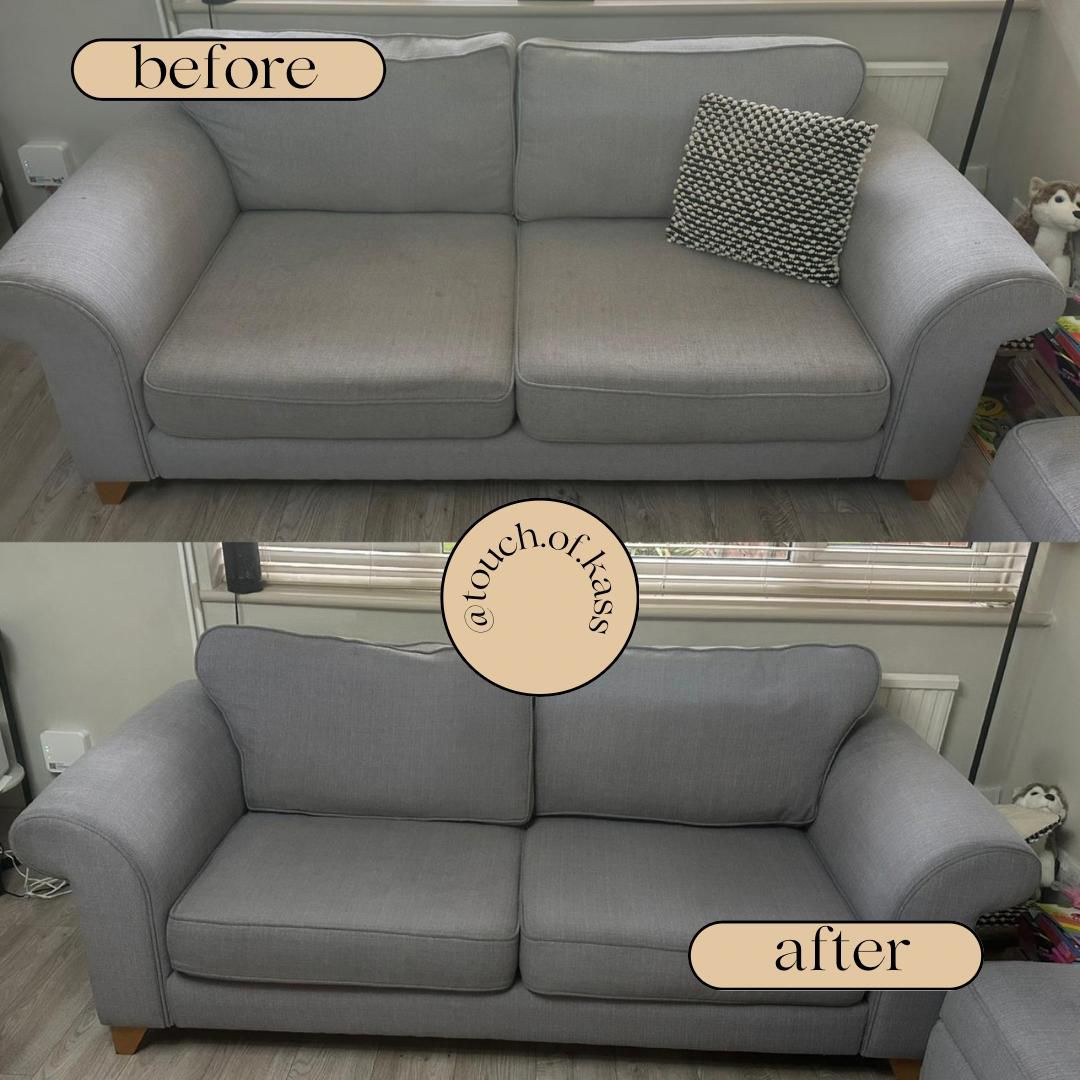 Sofa upholstery before and after professional cleaning by Touch of Kass