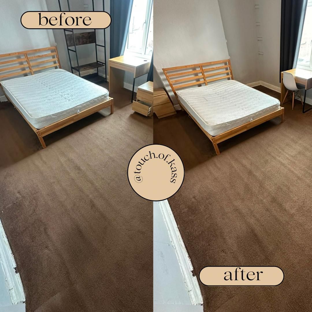 Bedroom carpet and mattress before and after