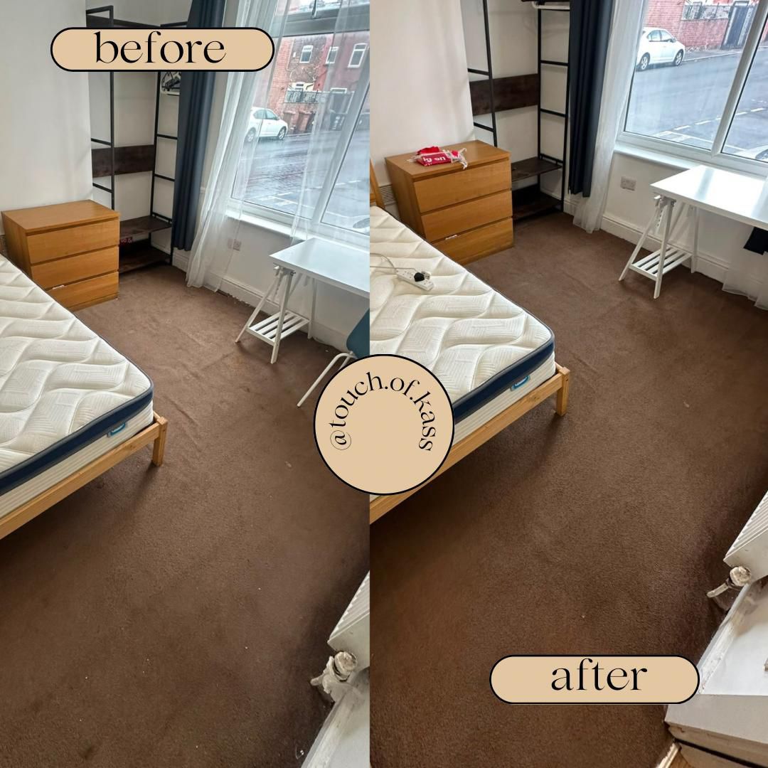 HMO bedroom carpet before and after cleaning by Touch of Kass